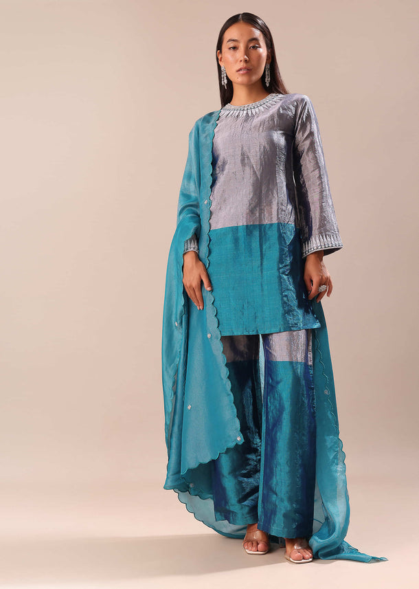 Aqua Green Embroidered Kurta Palazzo Set