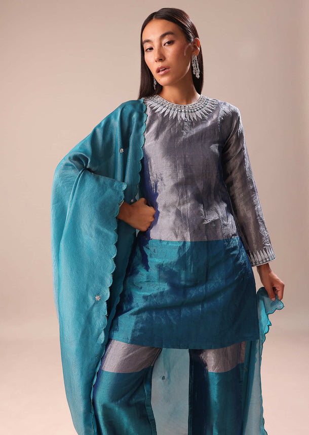 Aqua Green Embroidered Kurta Palazzo Set