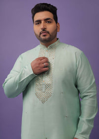 Aqua Green Embroidered Kurta Set In Silk