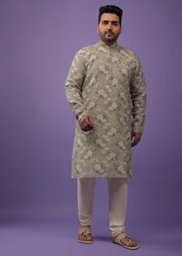 Aqua Green Embroidered Kurta Set With Vintage Floral Print In Silk