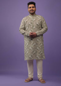 Aqua Green Embroidered Kurta Set With Vintage Floral Print In Silk