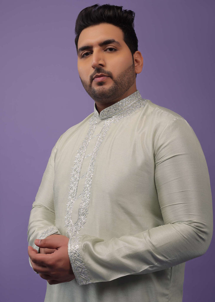 Aqua Green Kurta Set With Gotta Embroidered Yoke In Silk