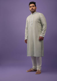 Aqua Green Kurta Set With Gotta Embroidered Yoke In Silk