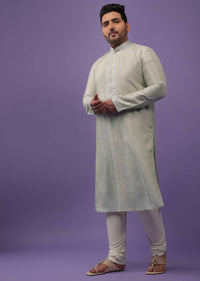 Aqua Green Kurta Set With Gotta Embroidered Yoke In Silk