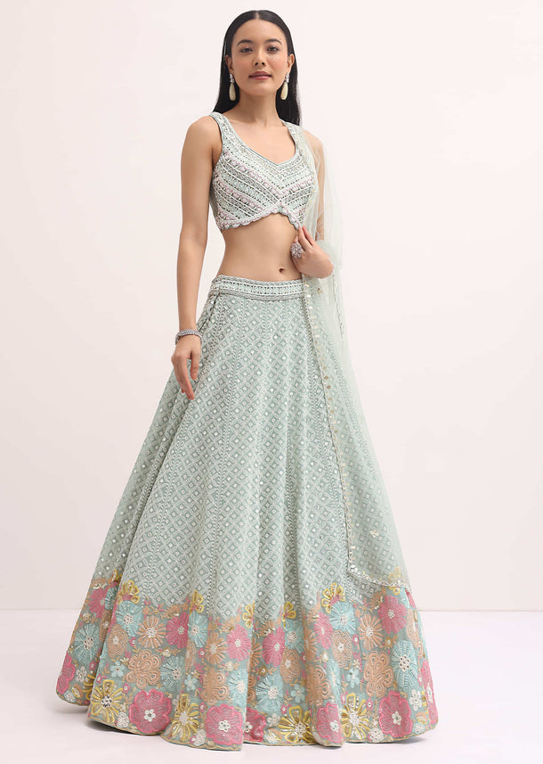 Aqua Green Lehenga With Embroidered Choli And Dupatta