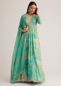 Aqua Green Printed Anarkali With Embroidered Dupatta