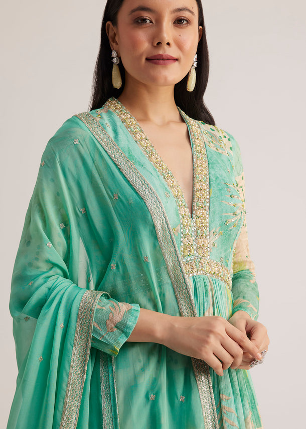 Aqua Green Printed Anarkali With Embroidered Dupatta