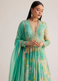 Aqua Green Printed Anarkali With Embroidered Dupatta