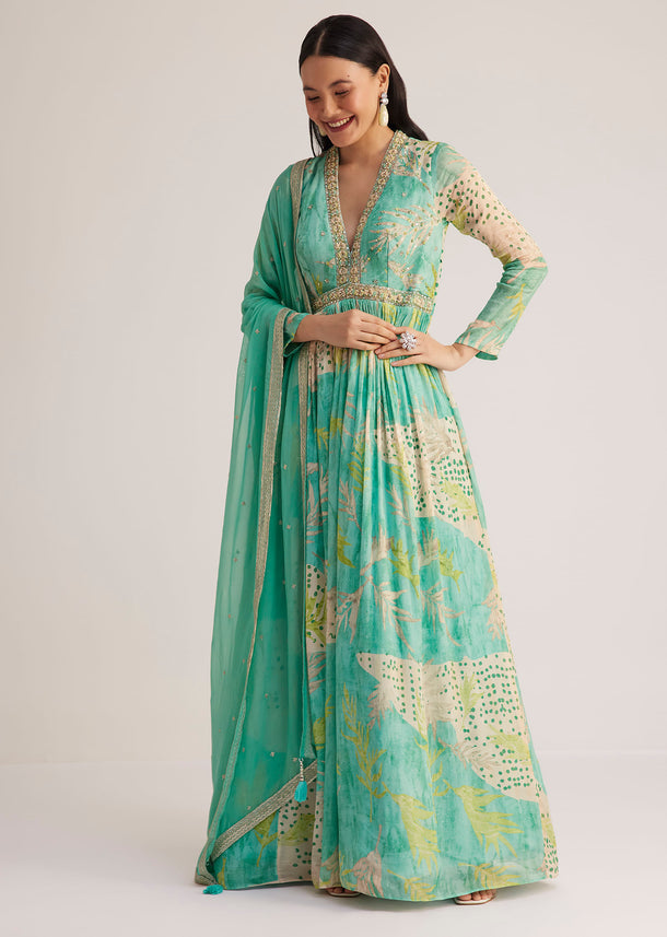 Aqua Green Printed Anarkali With Embroidered Dupatta