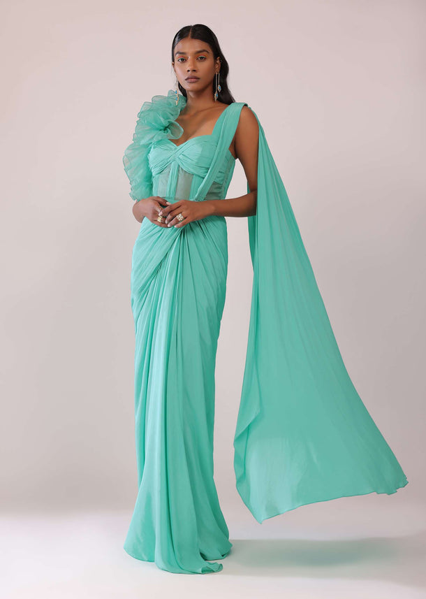 Aqua Green Corset Saree Gown In Crepe With One Side Organza Ruffle