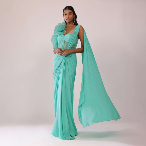 Aqua Green Corset Saree Gown In Crepe With One Side Organza Ruffle