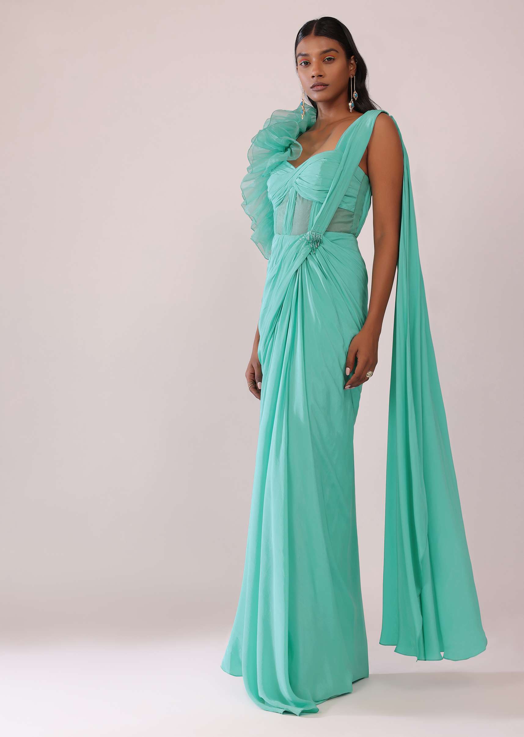 Aqua Green Corset Saree Gown In Crepe With One Side Organza Ruffle
