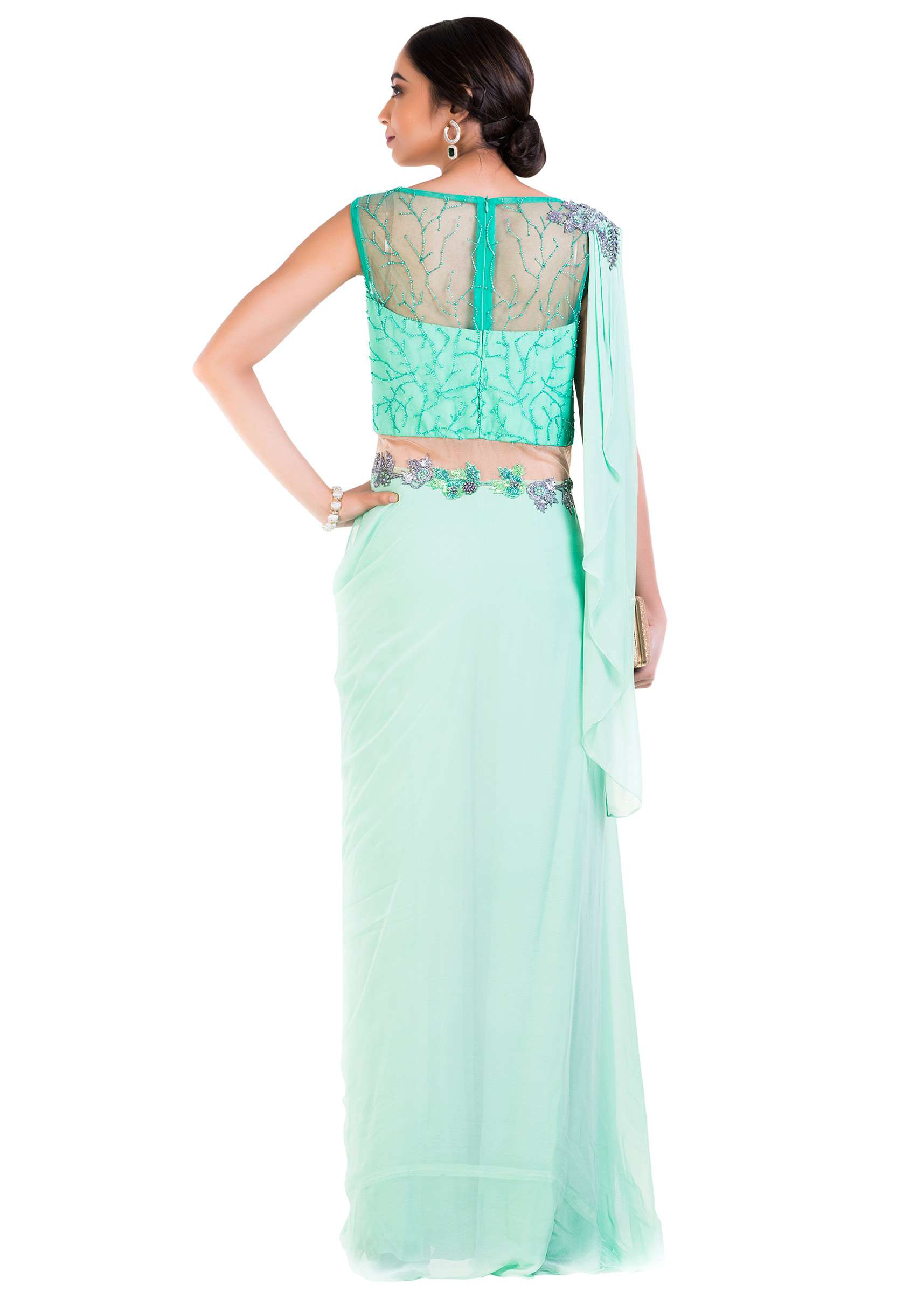 Aquamarine Draped Jumpsuit Saree.