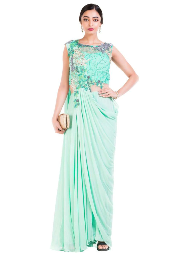 Aquamarine Draped Jumpsuit Saree