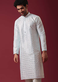 Aquatic Blue Kurta Set In Silk With Mirror Work