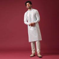 Aquatic Blue Kurta Set In Silk With Mirror Work