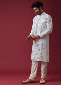 Aquatic Blue Kurta Set In Silk With Mirror Work