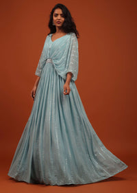 Aquatic Blue Thread And Sequins Embroidered Georgette Kaftan Gown