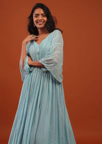 Aquatic Blue Thread And Sequins Embroidered Georgette Kaftan Gown
