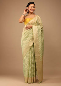 Pista Green Saree In Pure Handloom Cotton And Banarasi Chanderi