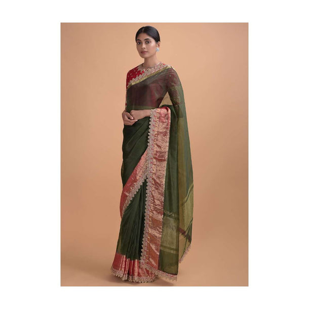 Army Green Plain Saree In Organza With Weaved Pattern And Zari Lace On The Border Online - Kalki Online