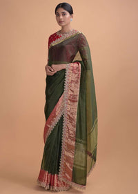 Army Green Plain Saree In Organza With Weaved Pattern And Zari Lace On The Border Online - Kalki Online