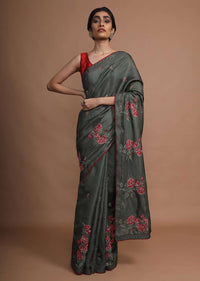 Army Green Saree In Silk With Colorful Resham Embroidered Rose Motifs Along The Border Online - Kalki Fashion