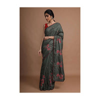 Army Green Saree In Silk With Colorful Resham Embroidered Rose Motifs Along The Border Online - Kalki Fashion