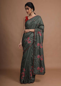 Army Green Saree In Silk With Colorful Resham Embroidered Rose Motifs Along The Border Online - Kalki Fashion