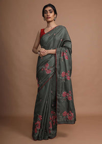 Army Green Saree In Silk With Colorful Resham Embroidered Rose Motifs Along The Border Online - Kalki Fashion