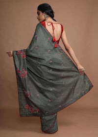 Army Green Saree In Silk With Colorful Resham Embroidered Rose Motifs Along The Border Online - Kalki Fashion