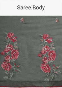 Army Green Saree In Silk With Colorful Resham Embroidered Rose Motifs Along The Border Online - Kalki Fashion