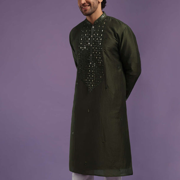 Army Green Kurta Set In Art Silk With Mirror Embroidery