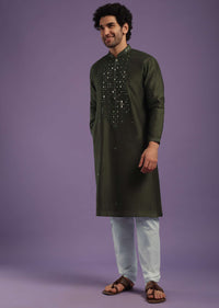 Army Green Kurta Set In Art Silk With Mirror Embroidery