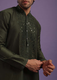 Army Green Kurta Set In Art Silk With Mirror Embroidery