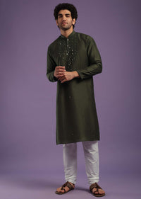 Army Green Kurta Set In Art Silk With Mirror Embroidery