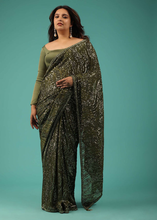 Army Green Saree In Sequins And Organza With Detailed Embroidery