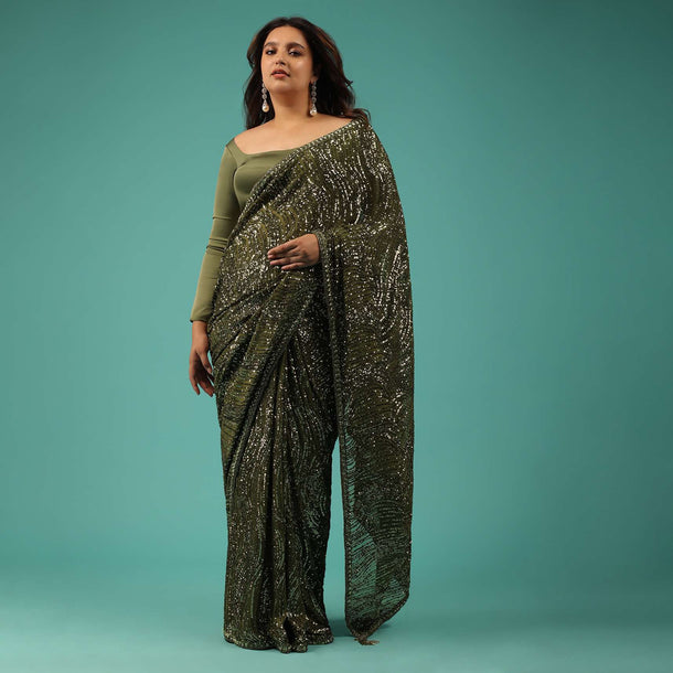 Army Green Saree In Sequins And Organza With Detailed Embroidery