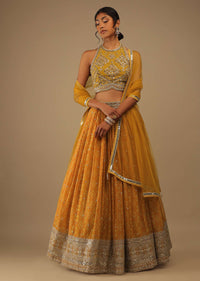 Arrowwood Yellow And Red Lehenga With A Crop Top In Digital Bandhani Print, Choli Comes In Multiple Tones Of Cut Dana And White Moti Embroidery Buttis