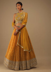 Arrowwood Yellow And Red Lehenga With A Crop Top In Digital Bandhani Print, Choli Comes In Multiple Tones Of Cut Dana And White Moti Embroidery Buttis