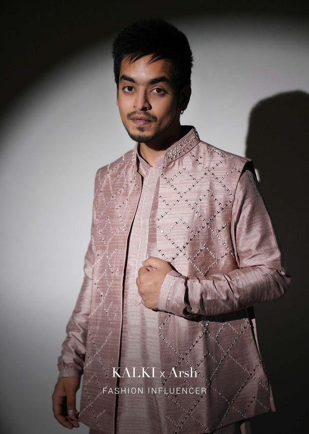 Carnation Pink Nehru Jacket And Kurta Set With Resham And Mirror Embroidered Checks