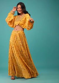 Artisan's Yellow Crop Top And Skirt With Floral Prints