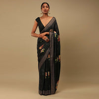 Ash Black Saree In Satin Crepe With Rose Print And Kundan Detailed Border Along With Unstitched Blouse