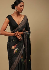 Ash Black Saree In Satin Crepe With Rose Print And Kundan Detailed Border Along With Unstitched Blouse