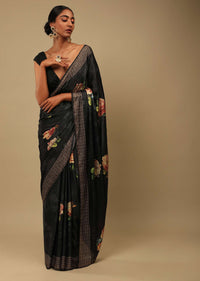 Ash Black Saree In Satin Crepe With Rose Print And Kundan Detailed Border Along With Unstitched Blouse