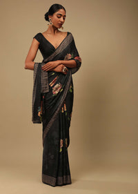 Ash Black Saree In Satin Crepe With Rose Print And Kundan Detailed Border Along With Unstitched Blouse