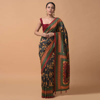 Ash Black Saree In Silk With Printed Patola Motifs In Repeat Pattern Online - Kalki Fashion