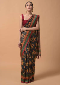 Ash Black Saree In Silk With Printed Patola Motifs In Repeat Pattern Online - Kalki Fashion