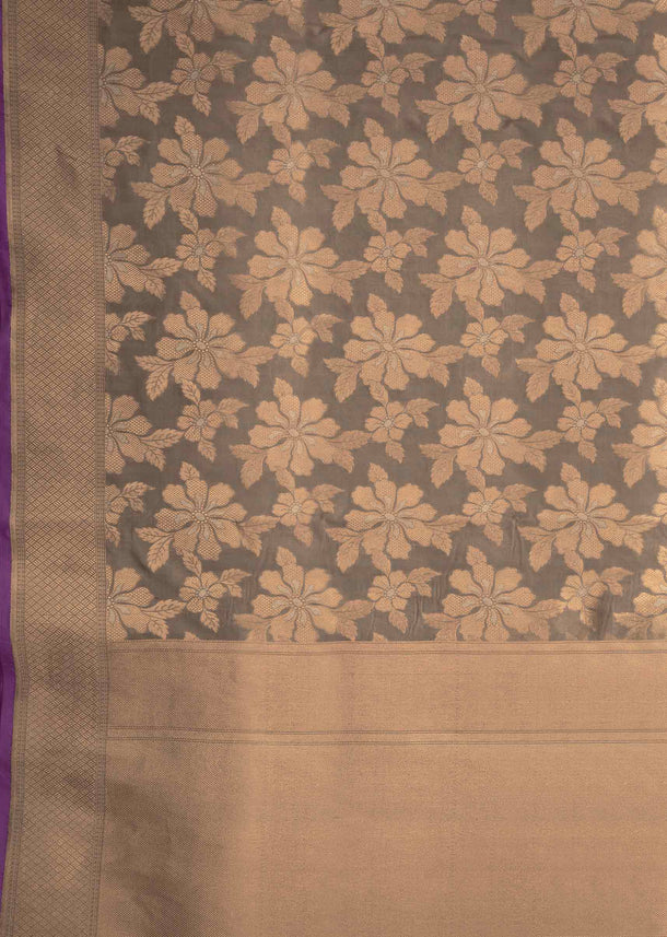 Ash grey saree in chanderi silk with weaved jaal in floral motif all over