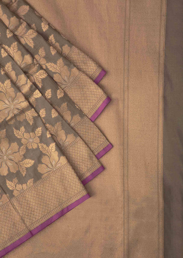 Ash grey saree in chanderi silk with weaved jaal in floral motif all over